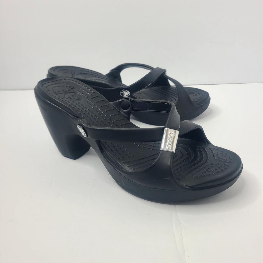 CROCS Cyprus IV 9 Black High Heel Chunky Sandals Strappy Comfortable Retired